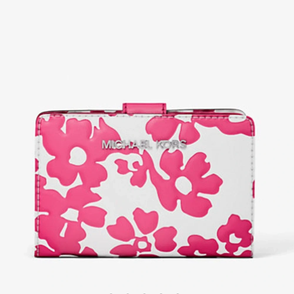 Michael Kors Jet Set Medium Floral Print Bi-Fold Wallet Dragonfruit NWT